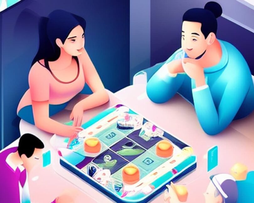 Actualité ludique - Revue hebdo - Un goupe jouant à des jeux de société, Vector art