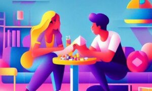 Actualité ludique - Revue hebdo - Un couple joue à un jeu de société, Vector art.