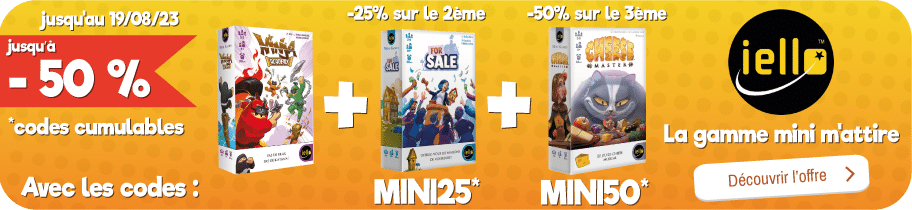 Du 1er juillet au 19 août 2023, pour l'achat d'au moins 2 jeux de la gamme Mini de Iello, -25% sur le deuxième et -50% sur le troisième (offres cumulables) avec les codes MINI25 et MINI50.